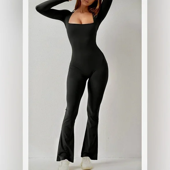 NWT Qinsen Black Square Neck Full Length Catsuit Playsuit Romper Sz S - Picture 3 of 6